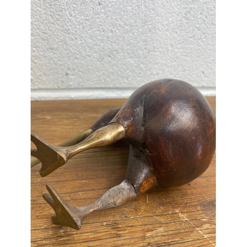 66 - Vintage Mid Century Carved Wood & Brass Kiwi