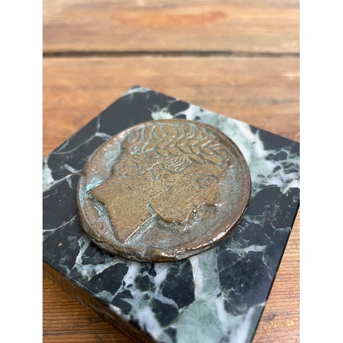 38 - Bronze Roman Tourist Coin Mounted on Marble Possibly Grand Tour