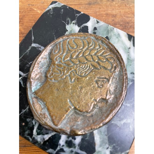 38 - Bronze Roman Tourist Coin Mounted on Marble Possibly Grand Tour