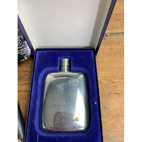 250 - 8oz and 4oz Pewter hip flasks one with JCB logo