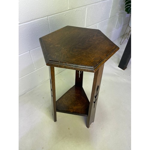 127 - Oak Arts & Crafts Hexagonal Plant Stand on Three Legs