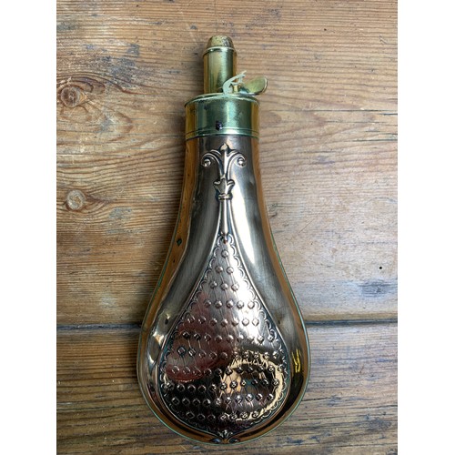 310 - Antique G & J. W Hawksley of Sheffield copper and brass powder flask