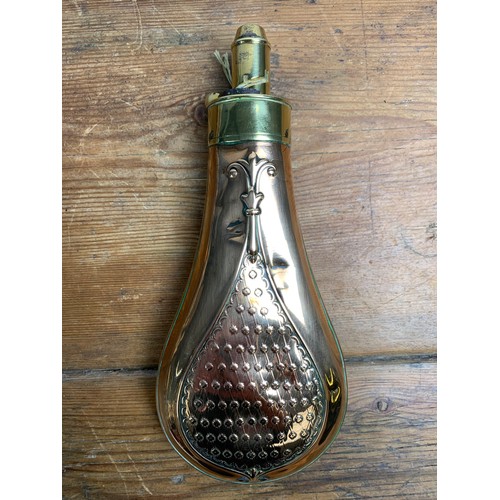 310 - Antique G & J. W Hawksley of Sheffield copper and brass powder flask