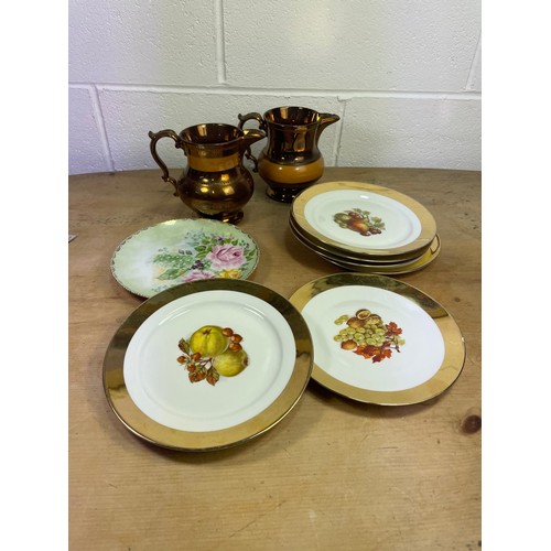 314 - Victorian Copper Lustre Jugs & Bavarian Gold Rim Fruit Plates