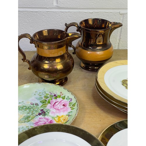 314 - Victorian Copper Lustre Jugs & Bavarian Gold Rim Fruit Plates