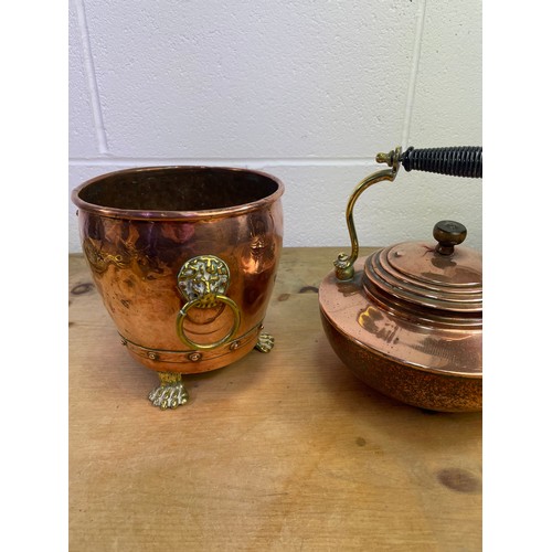 349 - Copper & Brass Kettle with Small Coal Bucket