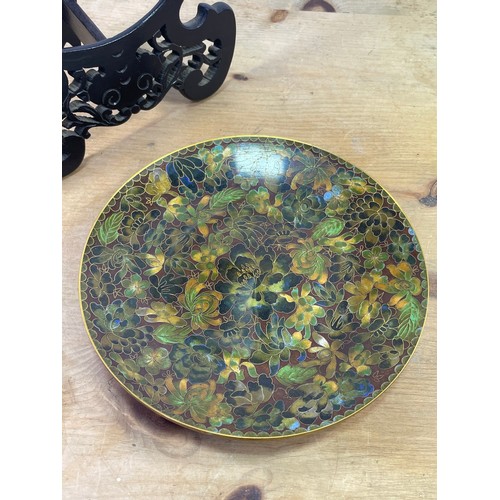 420 - Vintage Cloisonne Plate On Wooden Stand