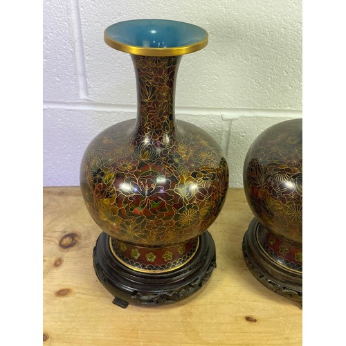 422 - Large Pair of Vintage Cloisonne Vases On Wooden Base