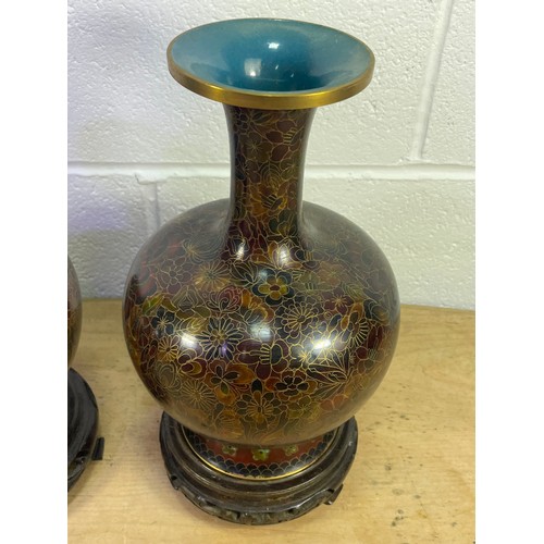 422 - Large Pair of Vintage Cloisonne Vases On Wooden Base