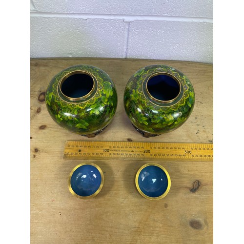 424 - Pair of Vintage Cloisonne Ginger Jars On Wooden Stands