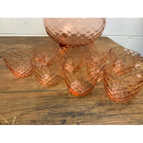 181 - Large Vintage Lidded Punchbowl with 9 matching glasses (one a/f)