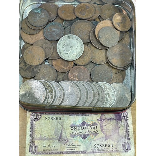 404 - Tin of Old Coin & Bank Notes In 10 Shillings & 1920 Half Crown