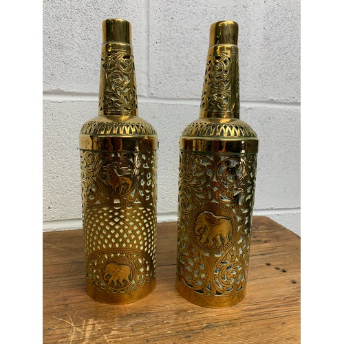 498 - Hand made, vintage Indian brass Bottle holders with bottles and vintage brass tray