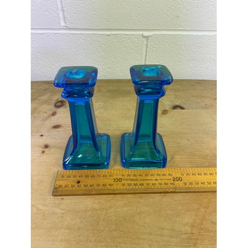 440 - Vintage 60's Pressed Glass Electric Blue Candle Sticks