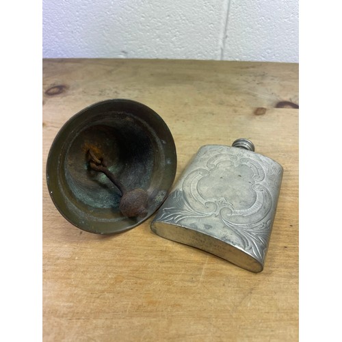 510 - Vintage Pewter Hip Flask & Old Bell