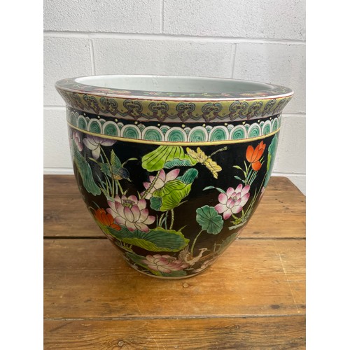 492 - Large Famille Noire Planter With Gold Fish Design Inside