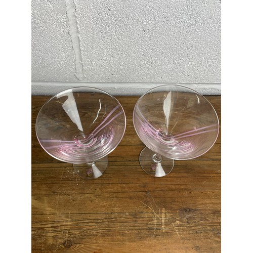 495 - Pair of Caithness Crystal Martini Glasses With Pink Swirl