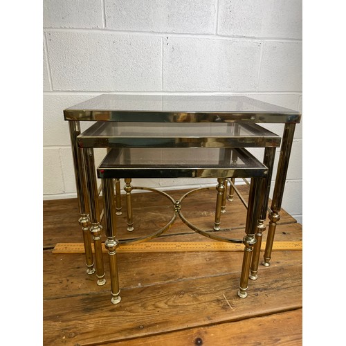 152 - Great Quality Hollywood Regency Style Brass & Smoked Glass Nest of Tables