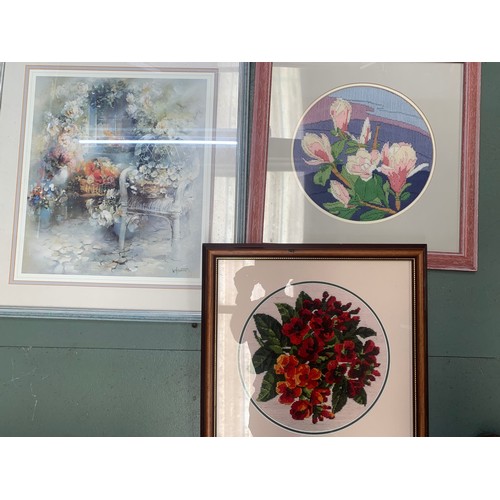 586 - Two Floral prints and Two woven textile pictures