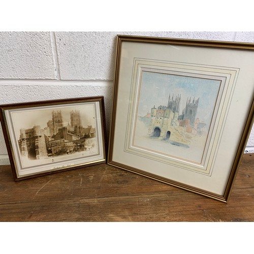 598 - Original Connie Pickard Watercolour of Bootham Bar, York with antique signed photograph of Bootham B... 