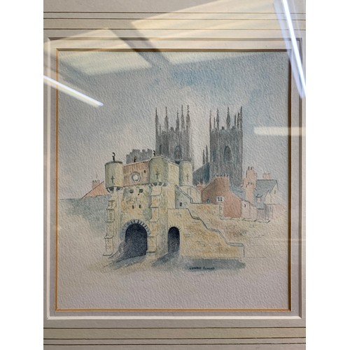 598 - Original Connie Pickard Watercolour of Bootham Bar, York with antique signed photograph of Bootham B... 