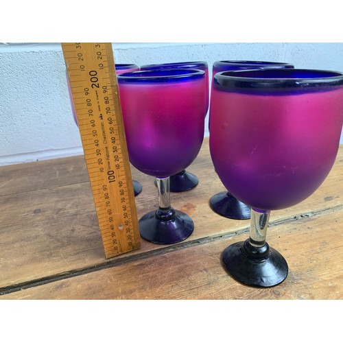 495B - Six Hand Blown Large Coloured and Frosted Glasses