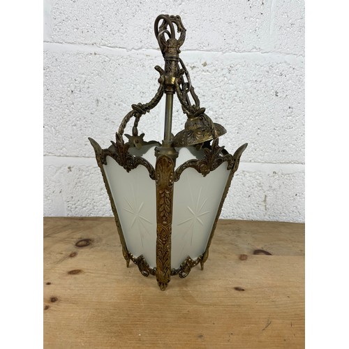 110 - Vintage Ornate Brass Lantern Ceiling Light with Frosted Etched Glass