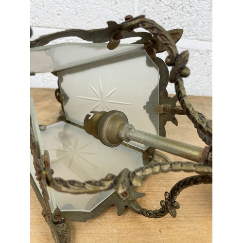 110 - Vintage Ornate Brass Lantern Ceiling Light with Frosted Etched Glass