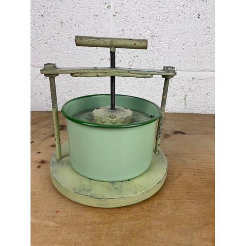 186 - Vintage Cheese / Kitchen Press With Enamel Bowl