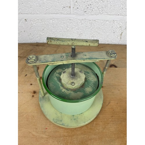 186 - Vintage Cheese / Kitchen Press With Enamel Bowl