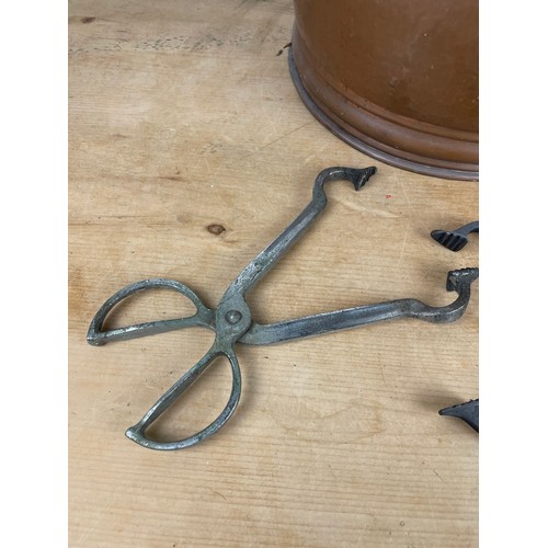 187 - Vintage Copper & Brass Coal Scuttle With Two Pairs of Vintage Coal Tongs