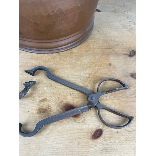 187 - Vintage Copper & Brass Coal Scuttle With Two Pairs of Vintage Coal Tongs