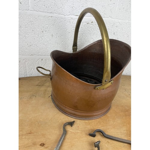 187 - Vintage Copper & Brass Coal Scuttle With Two Pairs of Vintage Coal Tongs