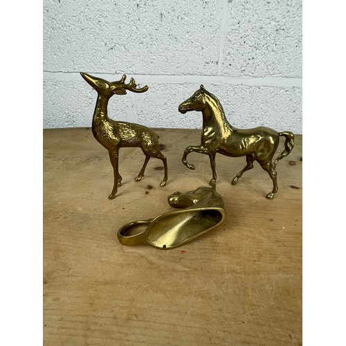 204 - Three Vintage Brass Items, Two Figurines & 1 Horse Coat Hook