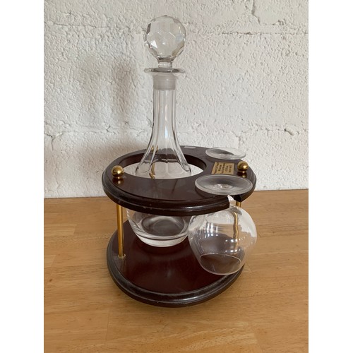 54 - Wood and Brass Decanter Stand with Two Brandy Glasses