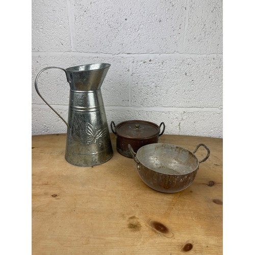 141 - Two Vintage Copper Pots & Modern Galvanised Jug