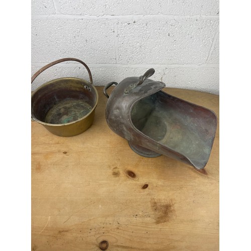 142 - Brass Jam Pan & Copper Coal Scuttle