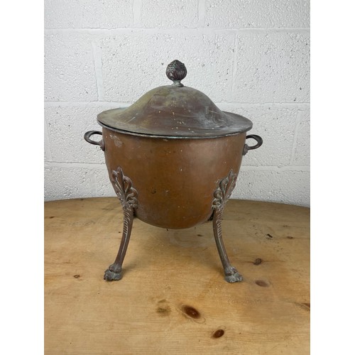 143 - Large Copper Footed Cauldron / Coal Bucket With Lid