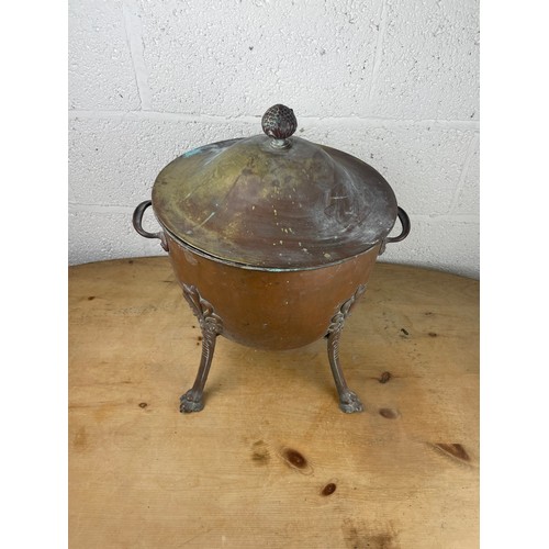 143 - Large Copper Footed Cauldron / Coal Bucket With Lid