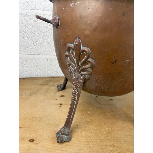 143 - Large Copper Footed Cauldron / Coal Bucket With Lid