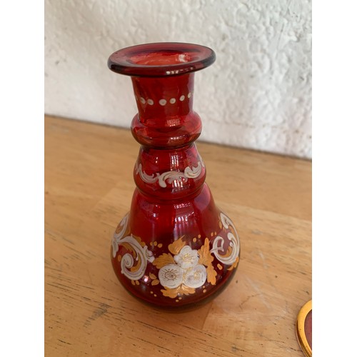 154 - Decorative and Delicate Cranberry Glass Scent Bottle and Decorated Bottle