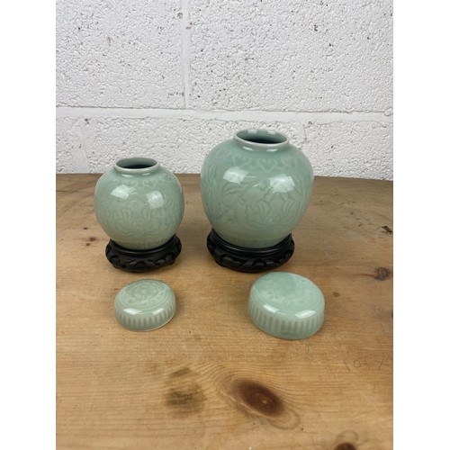 35 - Two Vintage Celadon Lidded Ginger Spice Jars With Wooden Stands