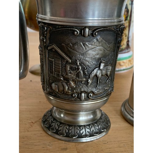 66 - Collection of Steins, Pewter Tankards, Ornate Goblet and Musical Carousel Money Box