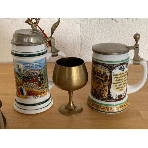 66 - Collection of Steins, Pewter Tankards, Ornate Goblet and Musical Carousel Money Box