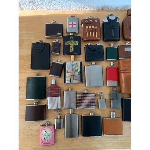 69 - Very Large Collection of Leather Bound, Glass, Stainless Steel and Novelty Hip Flasks