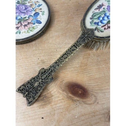 371 - Vintage Gilt Metal Filigree Handle Dressing Table Mirror & Brush with Petit Point Backs