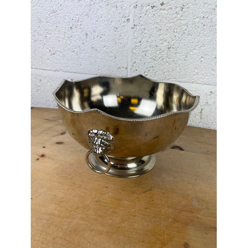 364 - 20th Century Silver On Copper Monteith / Punch Bowl With Lion Head Handles