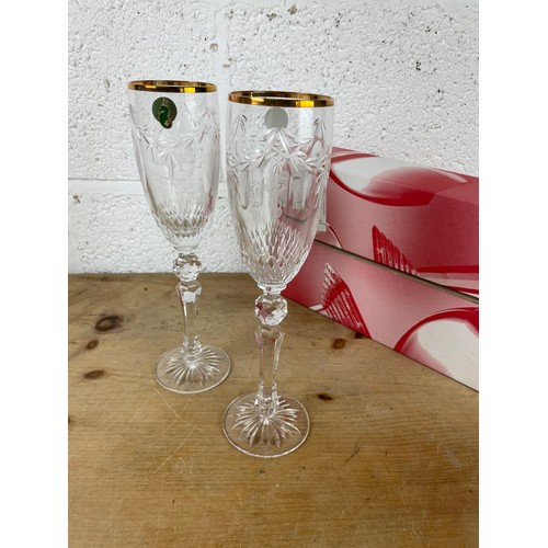 292 - Pair of New Boxed Waterford Crystal Champagne Flutes Cherished Moments With Gold Rim & Etched Rose D... 