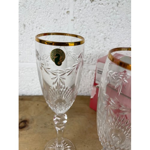 292 - Pair of New Boxed Waterford Crystal Champagne Flutes Cherished Moments With Gold Rim & Etched Rose D... 