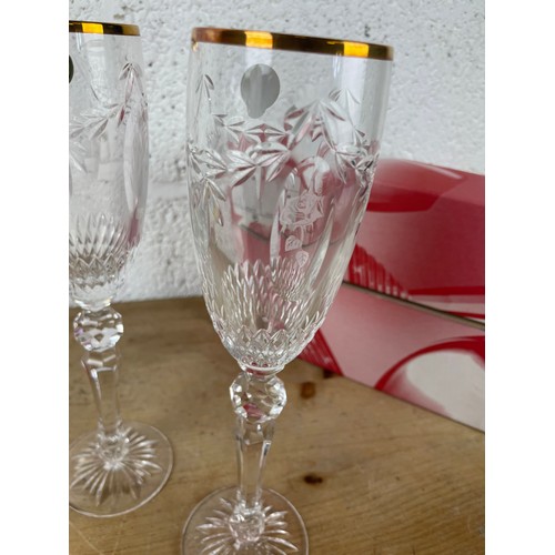 292 - Pair of New Boxed Waterford Crystal Champagne Flutes Cherished Moments With Gold Rim & Etched Rose D... 